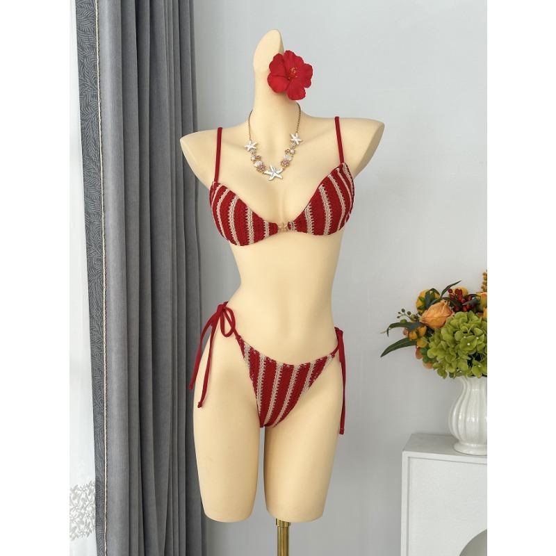 Women Sexy Striped Halter Lace Up Bandeau Two Piece Split Bikini Swimsuit
