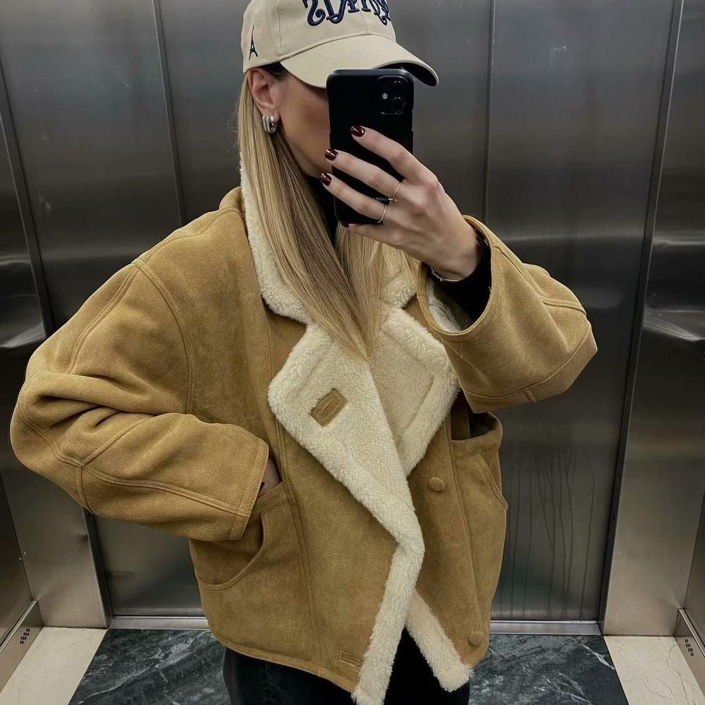 Women European Fashion Loose Warm Vintage Lamb Wool Winter Coat