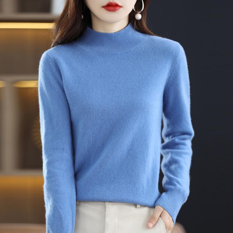 Women's Cashmere Knit Sweater - 2023 Autumn/Winter, Half-High Neck, Slimming Fit, Solid Color Pullover