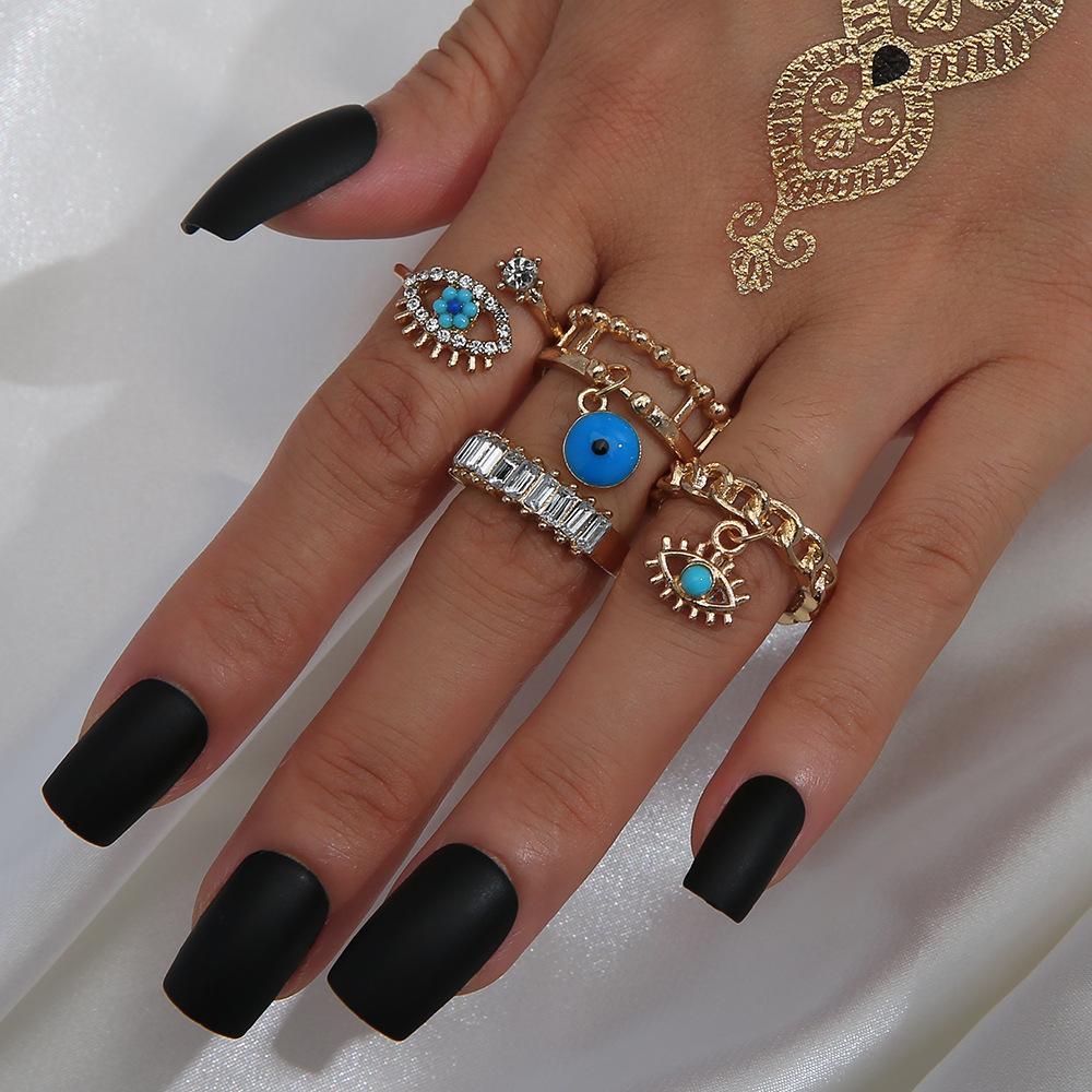 Punk Street Style, Devil'S Eye, Diamond-Encrusted Oil Drop Hollow Combination 4-Piece Ring Woman