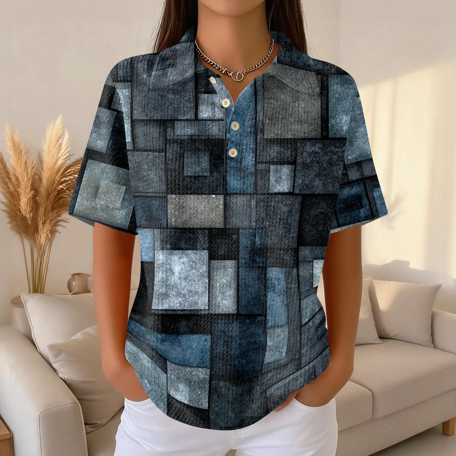 

Womens Casual Short Sleeve Retro Floral Print Waffle Knit Polo Shirt Lightweight Button Down Top L синий