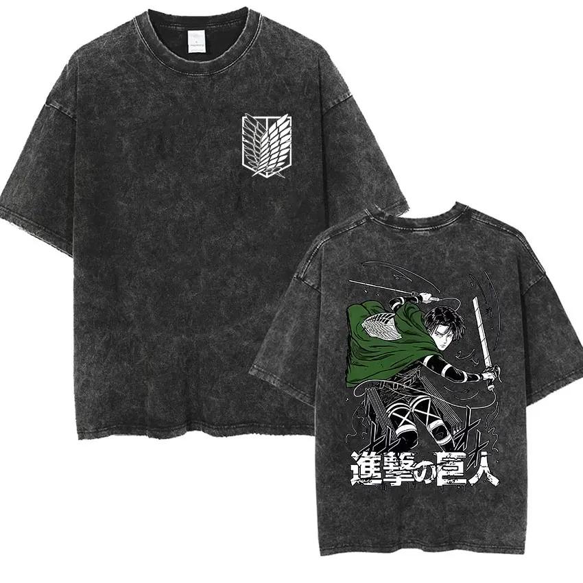 Anime Attack Titan Retro Wash Bedrucktes T-Shirt Mikasa Ackerman Eren Jaeger Freie Flügel Muster Herren Sommer T-Shirt