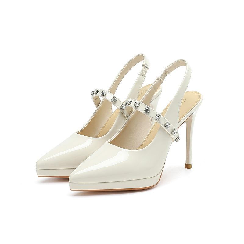 8-1 rhinestone word with high heels sandals women's pointed head thin heel waterproof table single shoes rear empty socialite high heels
