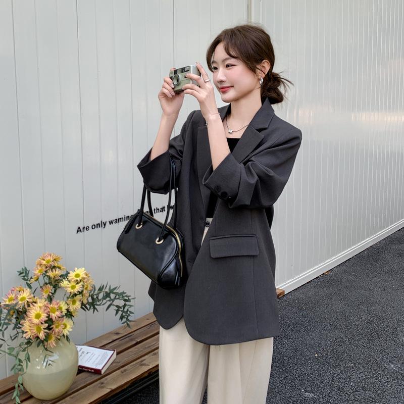 Women's Spring 2025 Fashion Suit Jacket with Rhinestone Lettering - Grey, Casual, All-Match, Loose Fit.