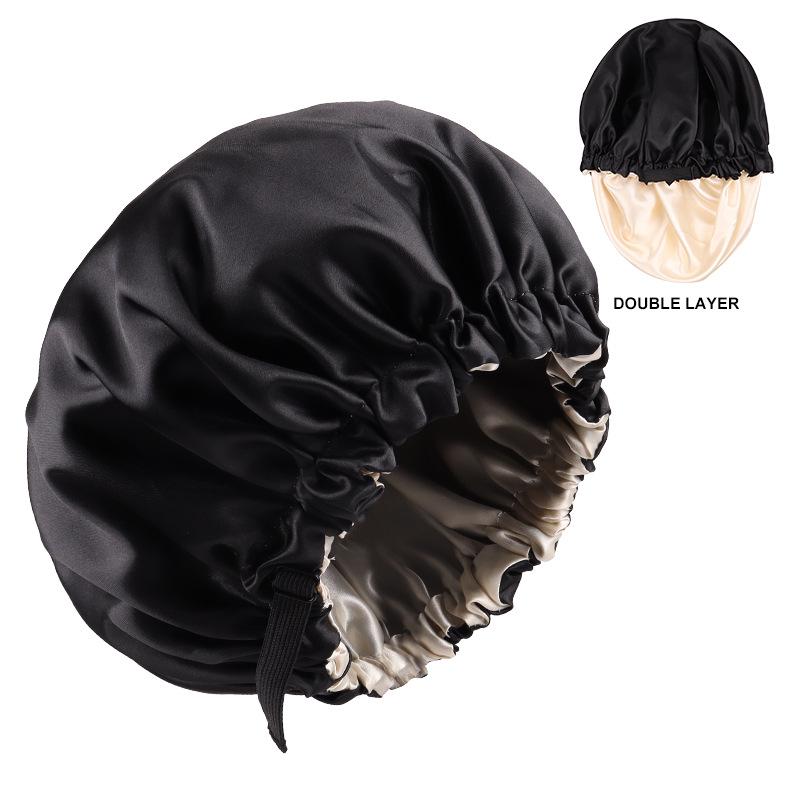 Dual-Layer Satin Sleep Cap with Adjustable Buckle, Reversible Solid Color Design - Elastic European/American Shower Cap