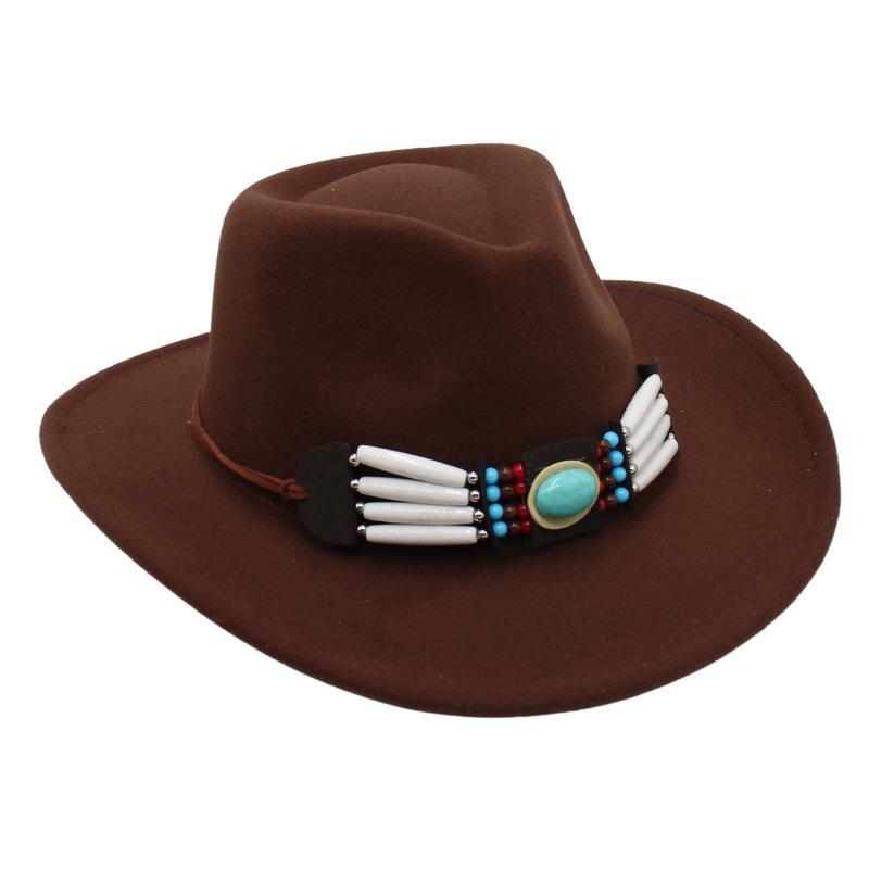 

Ethnic Style New Western Cowboy Hat Wholesale Crimped Woolen Hat Tibetan European And American Top Hat One size темно-коричневого кольору