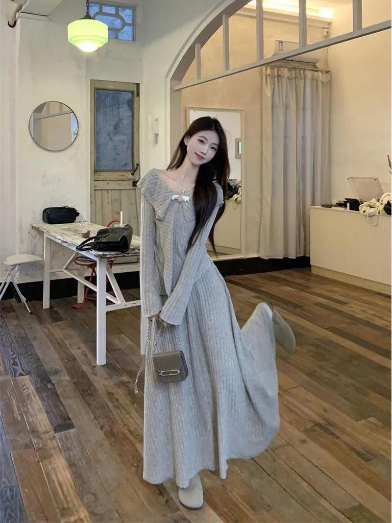 Women's Slimming Knit Two-Piece Set - Irregular French Top & High-Waisted Skirt