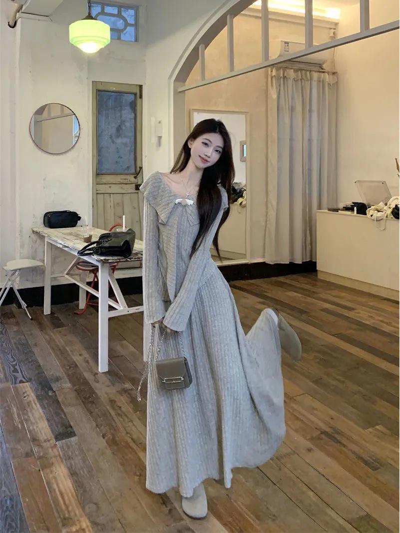 Женский вязаный костюм-двойка для похудения - Неровный французский топ и юбка с высокой талией L