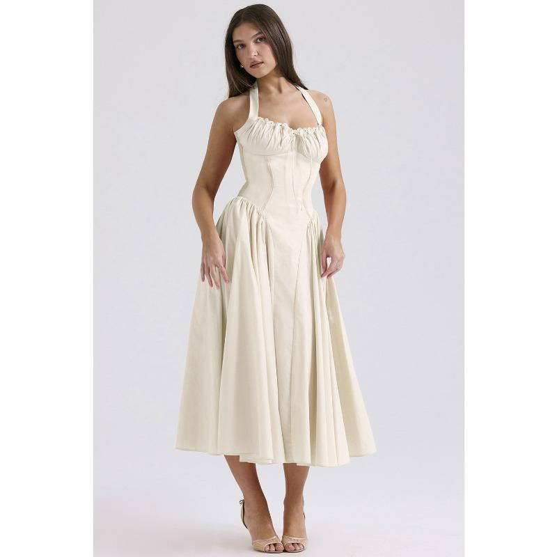 

New Summer Fitted Halter-neck Long Dress with Fashionable Printed Collar and Lace Trim XL абрикосовий