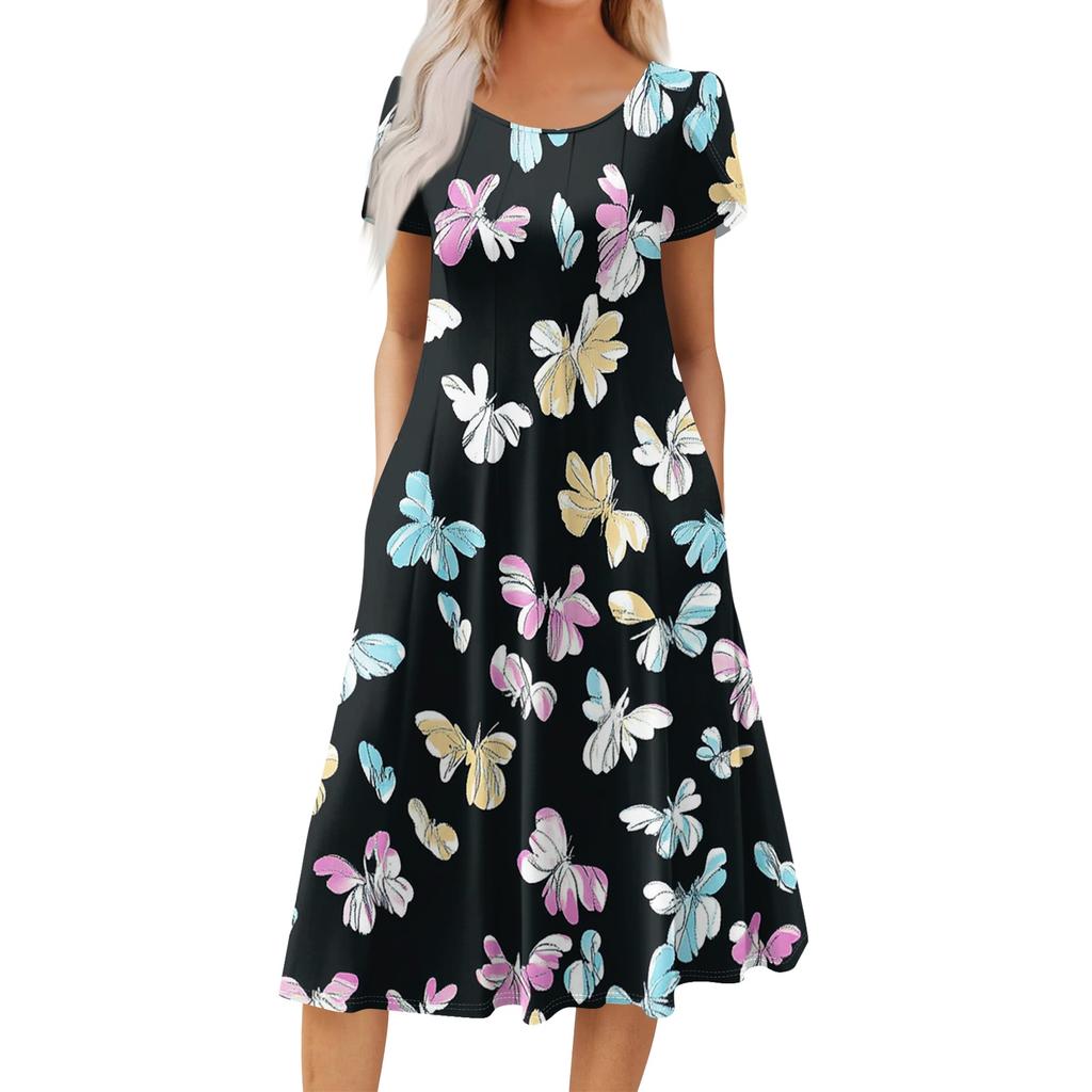 Women's Casual Fashion Round Neck Printed Short Sleeve Pocket Dress