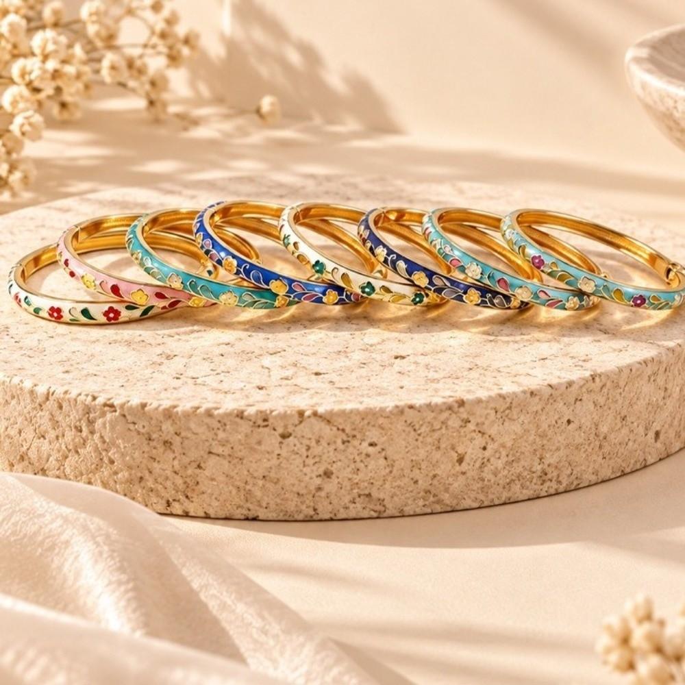 Enamel Flower Bangle Colorful Women's Hand Bracelet Fashion Vintage Cloisonne Bangle  Jewelry Gifts