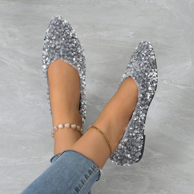 Fashion Bling Flat with Pumps Glossy Crystal Pointed Toe Shallow Slip-On Genuine Leather Fashion Elegant Concise Women Shoes 2024 Newest