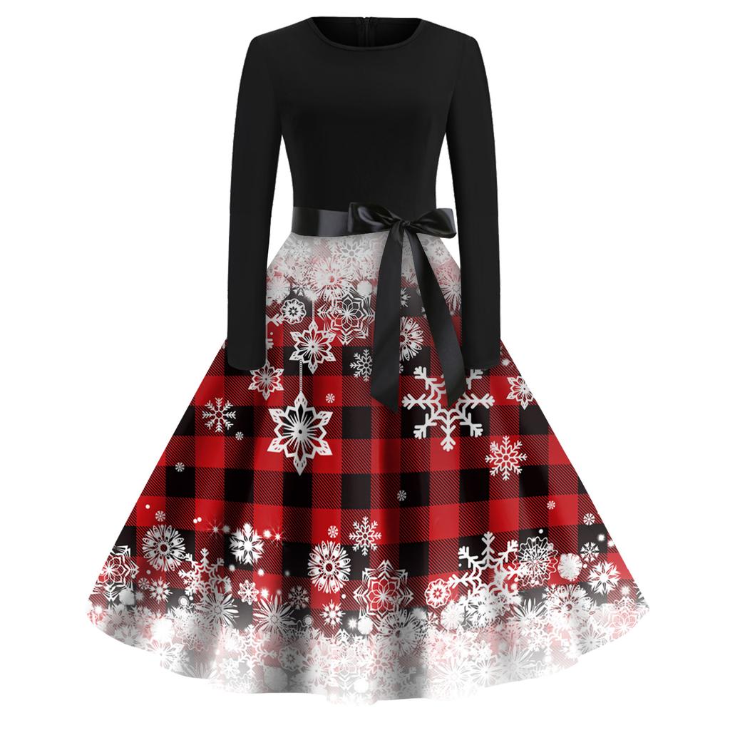 Christmas Print Flare Dress For Women Long Sleeve Dress Hollow Party Casual Dresses