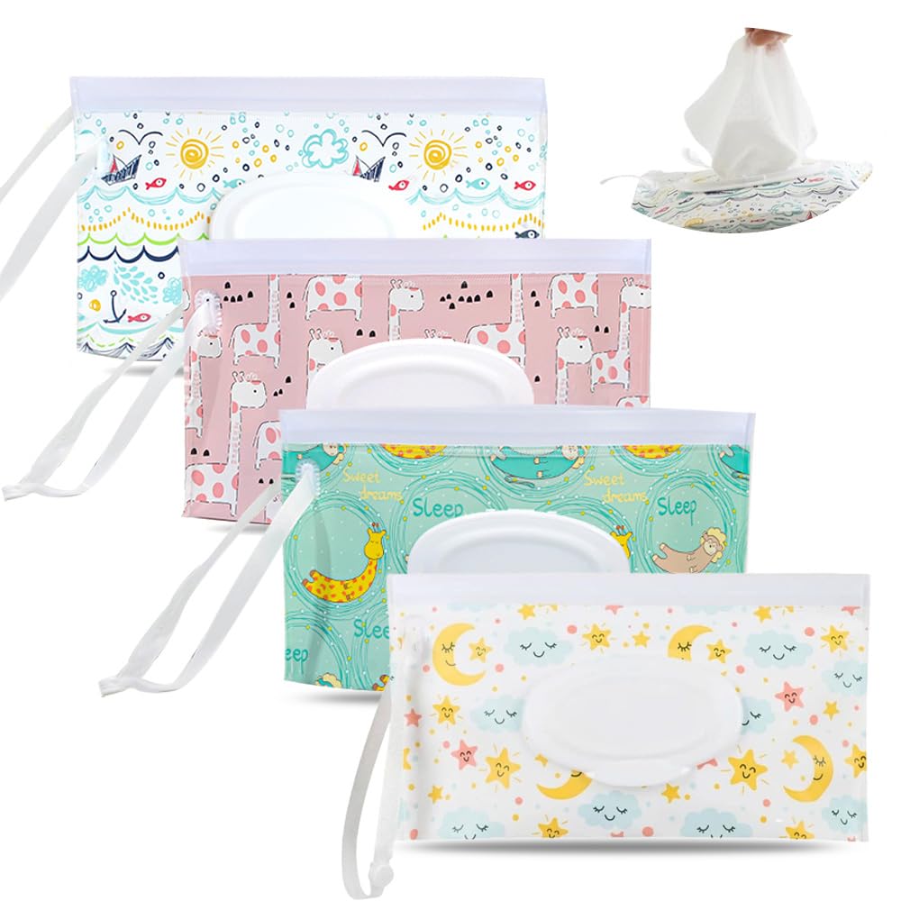 Value 4-Piece Set: Baby Wipe Pouch, Wet Tissue Case, Portable Pouch for Babies and Kids, Antibacterial, with Lid, Portable, Cute