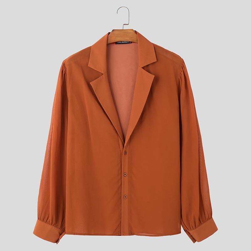 

INCERUN Мужские рубашки с длинным рукавом и лацканами, на пуговицах, с сеткой, прозрачные 5XL оранжевый