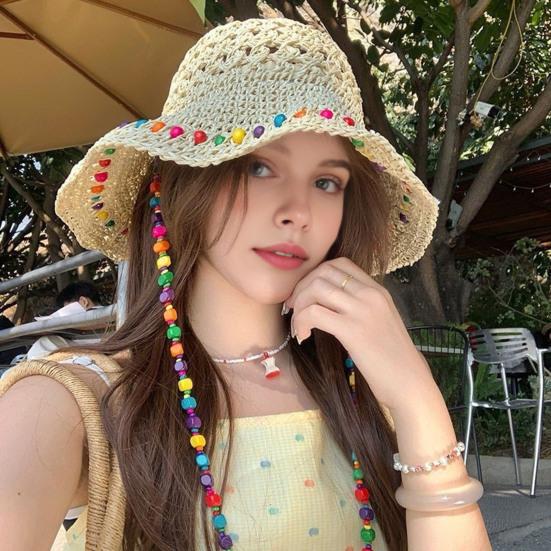 Summer Fisherman Hat, Hollow Straw Weaving Large Brim Beach Hat, Foldable Portable Rainbow Color Basin Hat