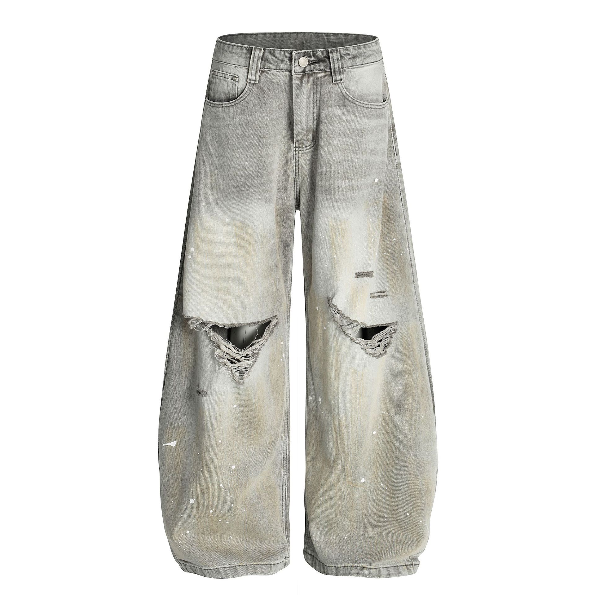 Men s American Scimitar Pants High Street RO Wind Heavy Wash Ripped Jeans Wide Leg Pants S