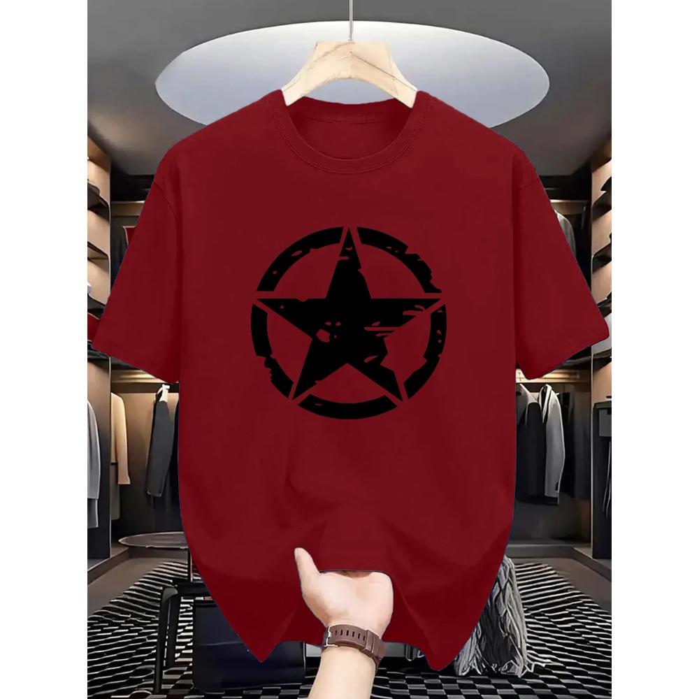Men'S Casual Crew Neck T-Shirt with Geometric Five-Pointed Star Print, Knit Fabric, Slight Stretch, Regular Fit