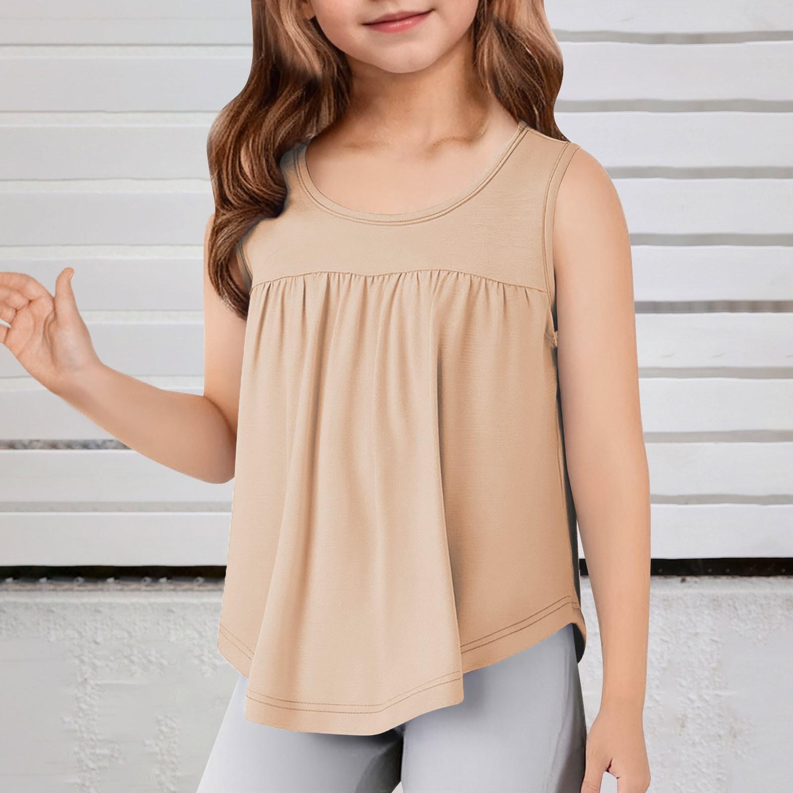 

Children s Round Neck Casual Color Sleeveless Pleated T-shirt Top 150 хаки