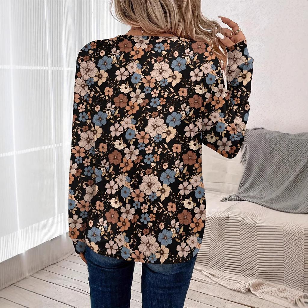 Ladies Autumn Winter Long Sleeve O Neck Flower Printed Pullover T Shirt Top