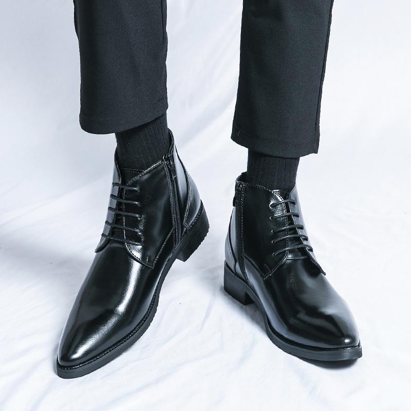 British Glossy Leather Martin Boots - Men's Brown Mid-Top with Pointed Toe and Side Zipper, Ideal for Business Formal Wear.