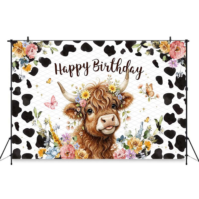 Mocsicka Happy Birthday Backdrop Boho Floral Photography Background Western Farm Cow Print Party Decorations Photo Booth Banner Cotton-180x120cm