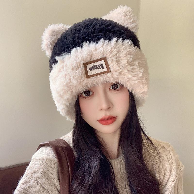 Cute Cat Ear Plush Hat for Women New Winter Warm Big Head Circumference Knitted Hat Versatile Ear Protection Wool Hat