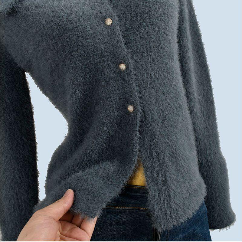Fancy American Lapel Imitation Mink Knitting Cardigan Female Fall and Winter New Sweater Coat Long Sleeve Split Elegant