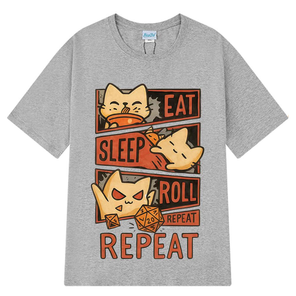 2026 Summer Cotton Tee Eat Sleep Roll Repeat Cat Graphic Unisex WOMEN Plus Size Loose Casual Hip Hop Streetwear Breathable Top
