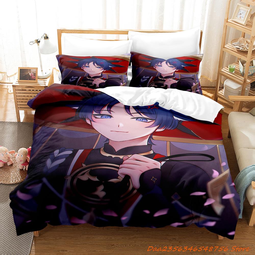 Comforter Game Genshin Impact Scaramouche Bedding Set Cartoon Anime Three-Piece Set Adult Kid Bedroom s 3D Kawaii