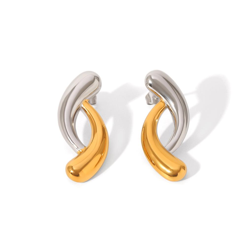 Gold and silver color blocked stainless steel earrings for women, smooth geometric texture, sun pentagram, European and American design, jewelry gift