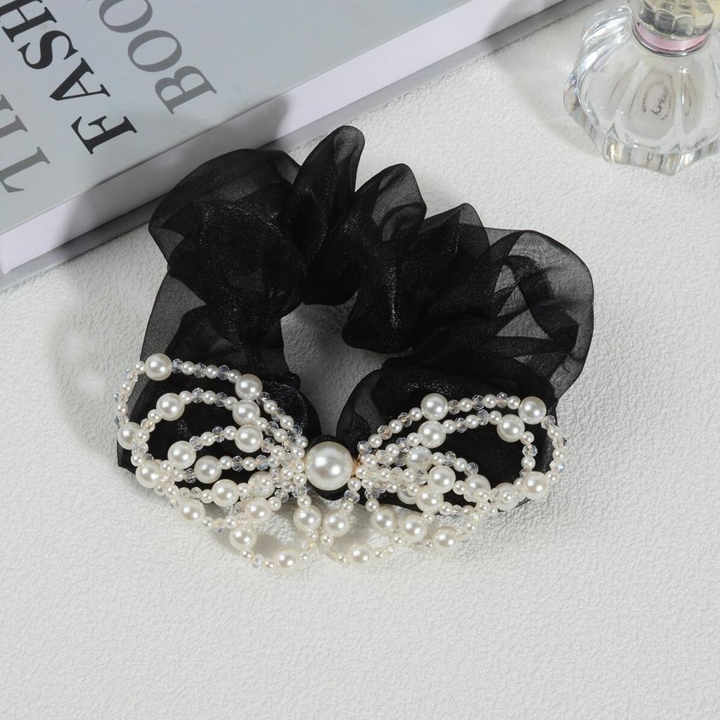Sweet and Elegant French-Style Faux Pearl Bow Oversized Scrunchie Mesh Black Hair Tie for Girls and Women Hair Accessories