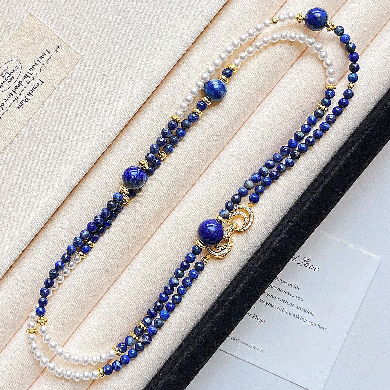 Autumn And Winter Retro Boutique Natural Lapis Lazuli High-Gloss Shijia Pearl Design Necklace Collarbone Chain Sweater Chain Women