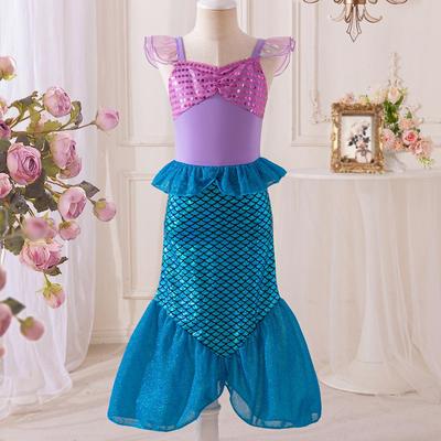 Mermaid Fly Sleeve Fish Scale Print Dress for Girls, Small To Medium, Halloween, European/American Size
