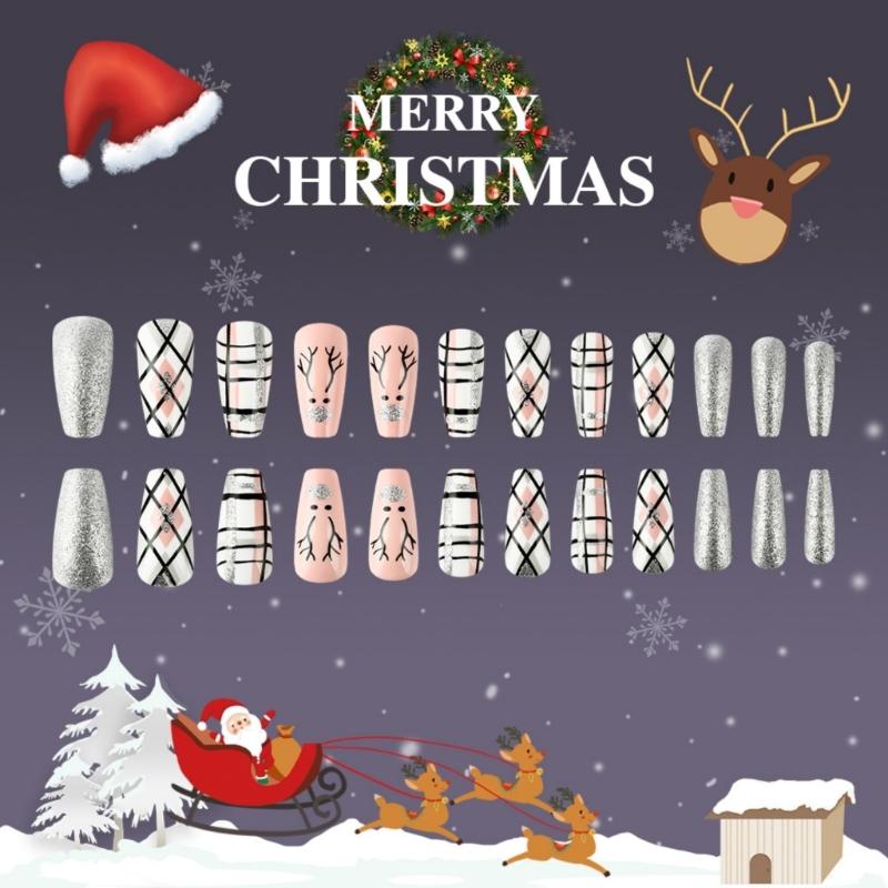 Glittering Christmas Elk Design Press On Nails Long Square Acrylic False Nails With Stripes Pattern 24Pcs Set Nail Art