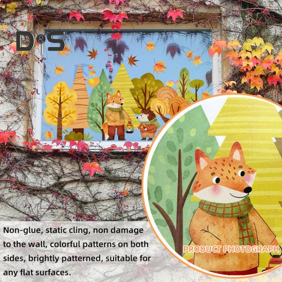 Cartoon Static Window Cling Maple Leaves Fox Animal Sticker Rustic Waterproof Non-Adhesive Sticker Glass Cling for Bedroom Children's Room Bathroom
