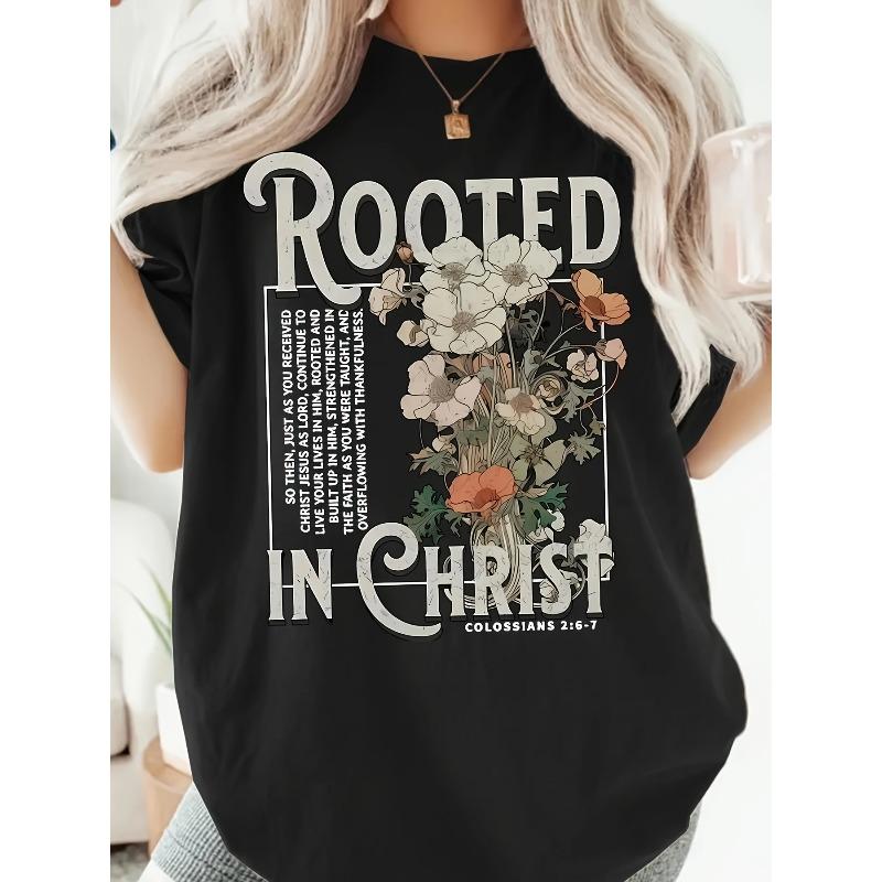 Women s Rooted in Christ Bible Verse Floral Graphic Christian Oversize Short Sleeve Tee S чёрный