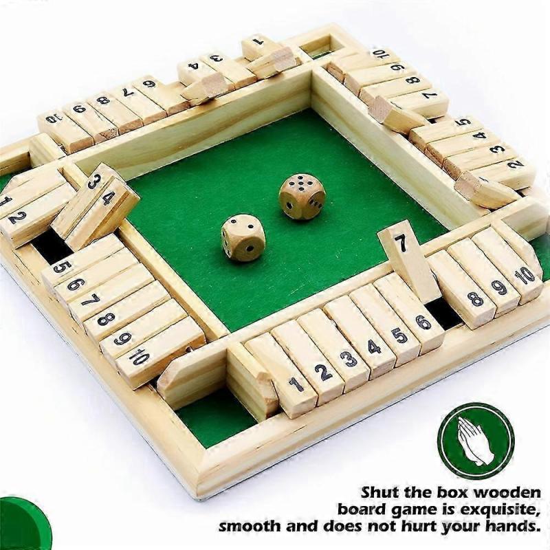 1-4 Players Shut The Box Dice Game, Classic 4 Sided Wooden Board Game with Dice for Kids Adults, Tab
