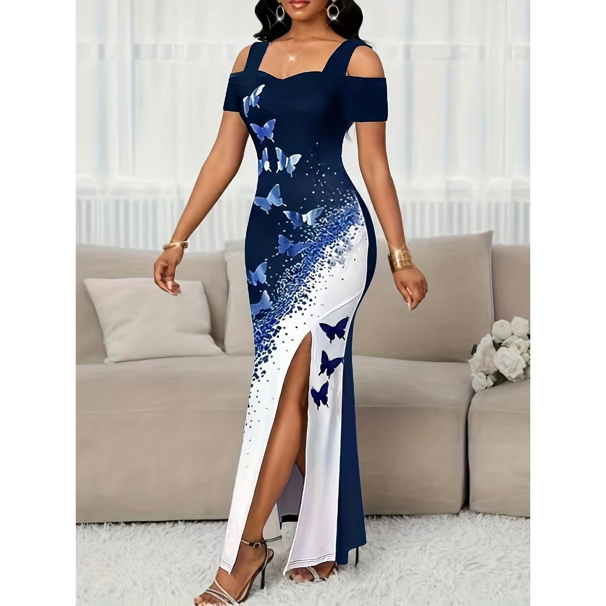

New Elegant Women s Long Dress, Fashion Butterfly Print Off Shoulder Split Maxi Dress for Women European American Style XXL синій