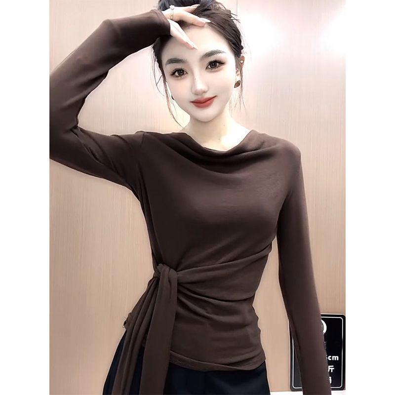 

Women s Plus Size Lace-Up Long Sleeve T-Shirt - Stylish Round Neck, Flaw-Hiding, Versatile Casual Top for Autumn S