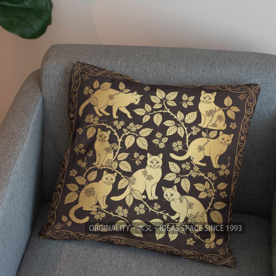 2D Golden Cats On Berry Branches Pillow Cover Pattern Cushion Cover Suitable For Sofa Bedroom Car Pillow Cover