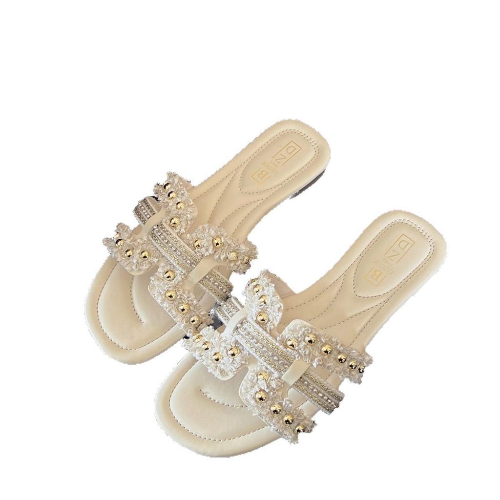 Seaside Beach Versatile Pearl 2025 Flat-bottomed Slippers Women Wear Sandals Fairy New Soft Bottom Small Fragrant Summer