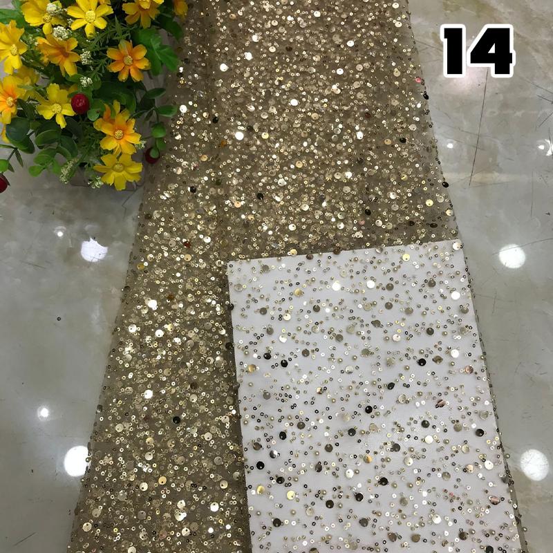 1 Yard Luxury African Heavy Bead Lace Sequins Fabric For Diy Sewing Wedding Party Dress Sparkly Transparent Tulle Lace Fabric
