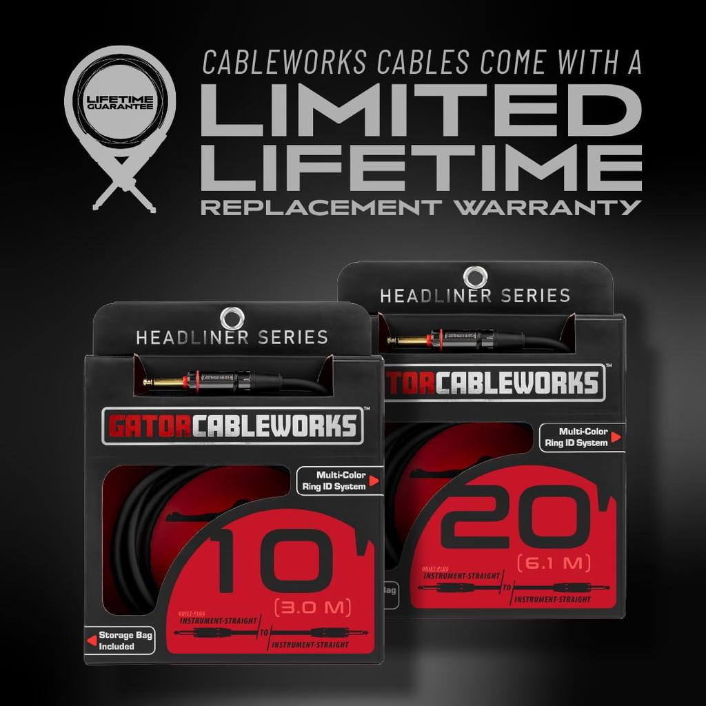 Cableworks by Gator Cases Headliner Series Shielded Cable for with Mute Switch Guitar/Bass (30ft S/S) (GCWH-INS-30QT)