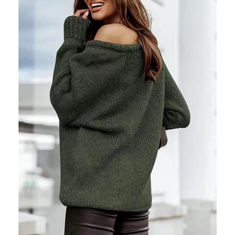 Autumn Winter Off-Shoulder Round Neck Pullover Loose Plus Size Sweater for Women