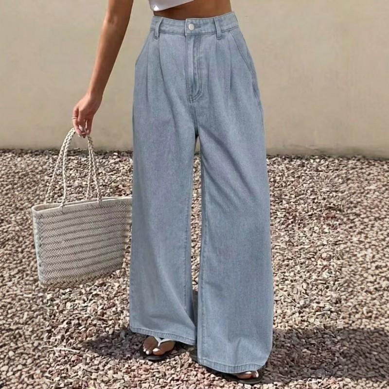 Light Blue Washed Pleated Wide Leg Jeans High Waist Loose Straight Trousers Women Streetwear 2026
