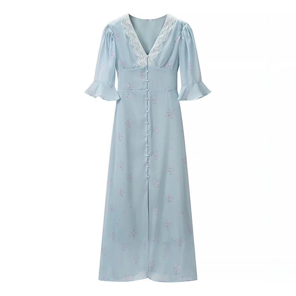 Women's Summer French Elegance Simple Loose Lace-up Floral Single-breasted Lace V-neck Dress