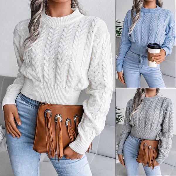 

Осенне-зимний вязаный джемпер с длинными рукавами и круглым вырезом, вязаный свитер