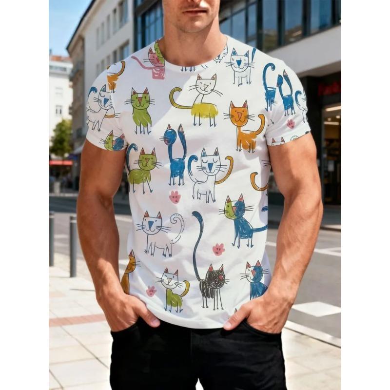 Summer Plus Men's Casual T-shirt Fashionable Blue Cat 3D Printed Sports Short Sleeved Round Neck Tops