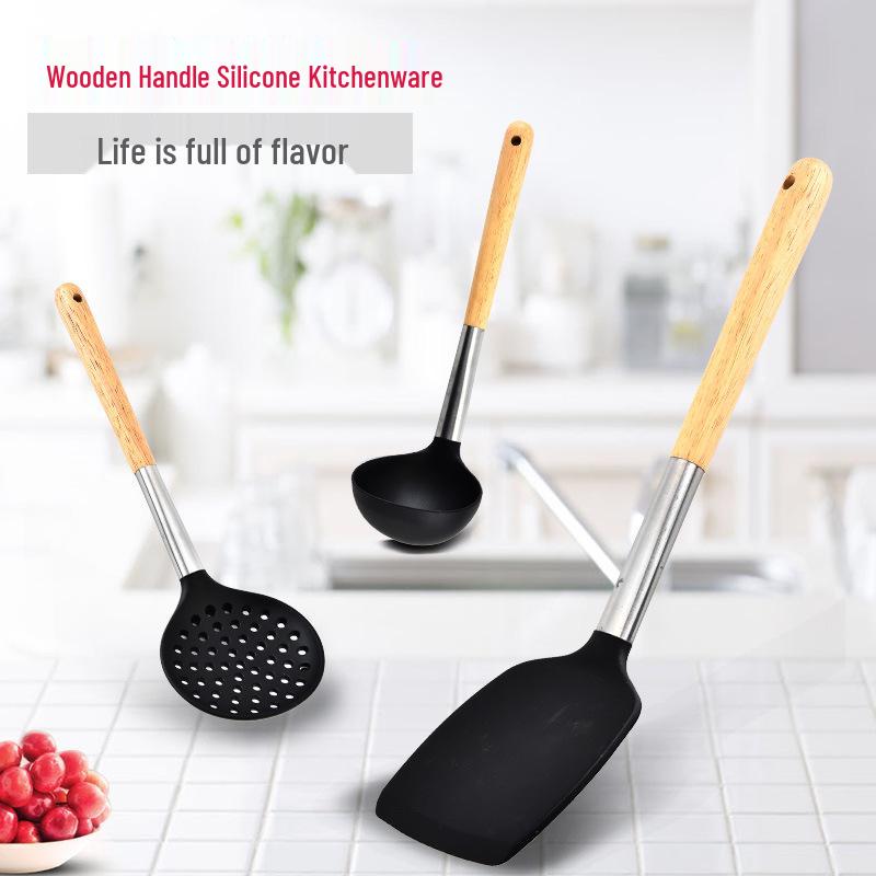 Durable Wooden Handle Silicone Kitchenware 7-Piece Set: Non-Stick Spatula & Spoon